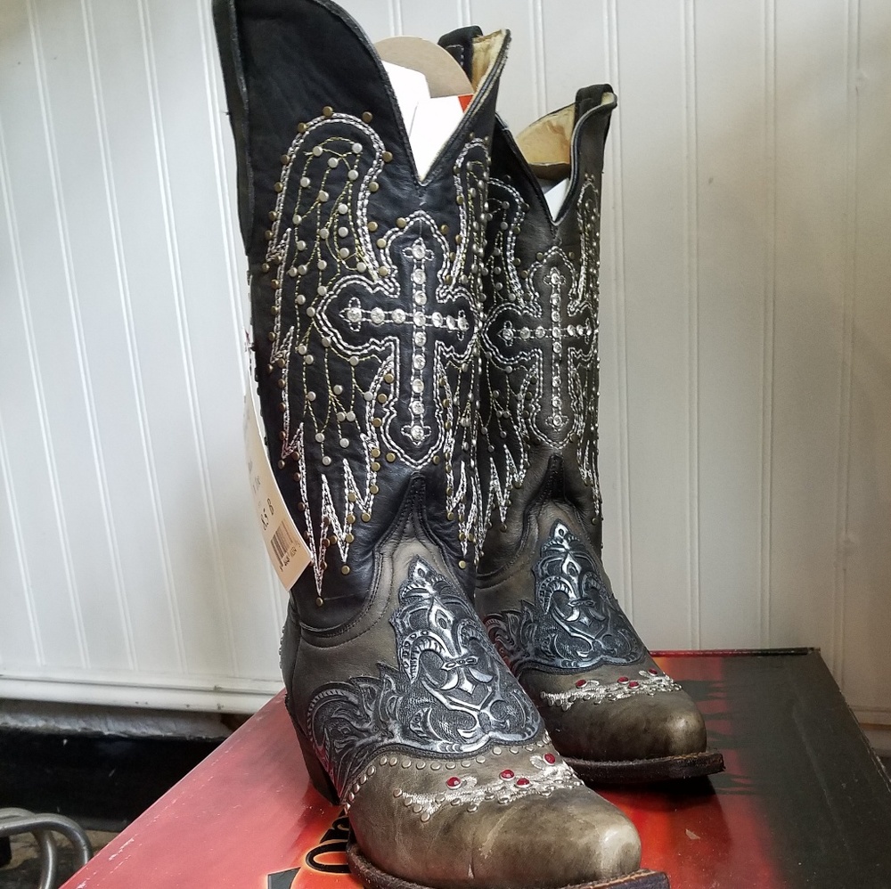 Ferrini Embossed Wing Brown Black Cowgirl Boots Women's Size 8.5